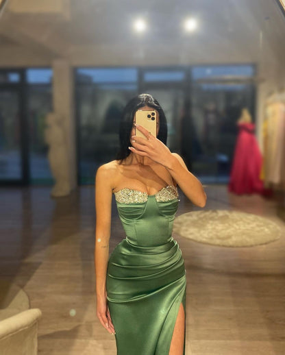 Sheath/Column Strapless Beaded Green Long Sleeves Prom Dress with Slit QP0865