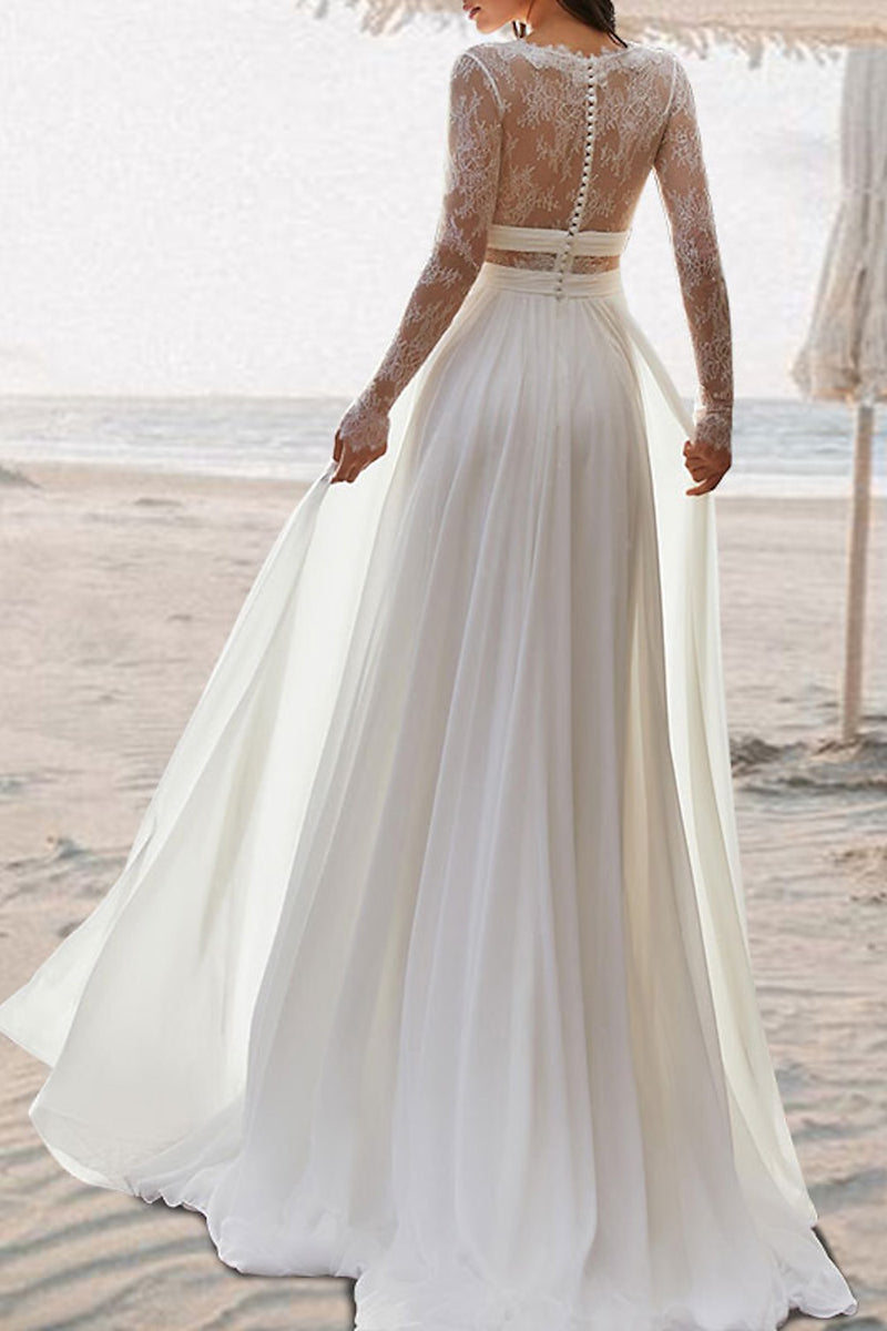 Beach Boho Wedding Dress A Line V Neck Floor Length Long Sleeves Summer Bridal Gown QW2383