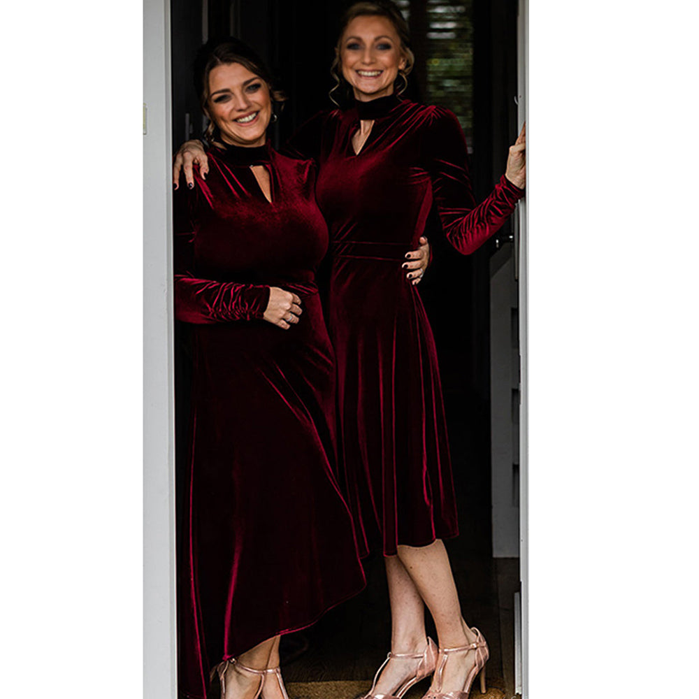 Burgundy Velvet Long Sleeves Tea Length A Line Bridesmaid Dress QB3088