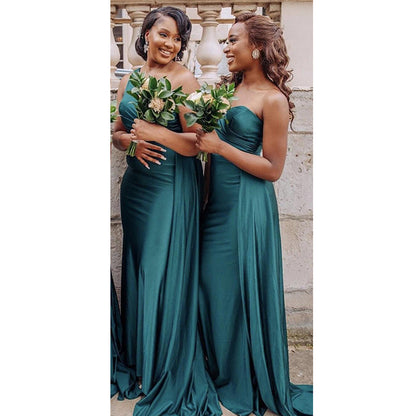 One Shoulder Satin Pleated Green Mermaid Bridesmaid Dress QB3107