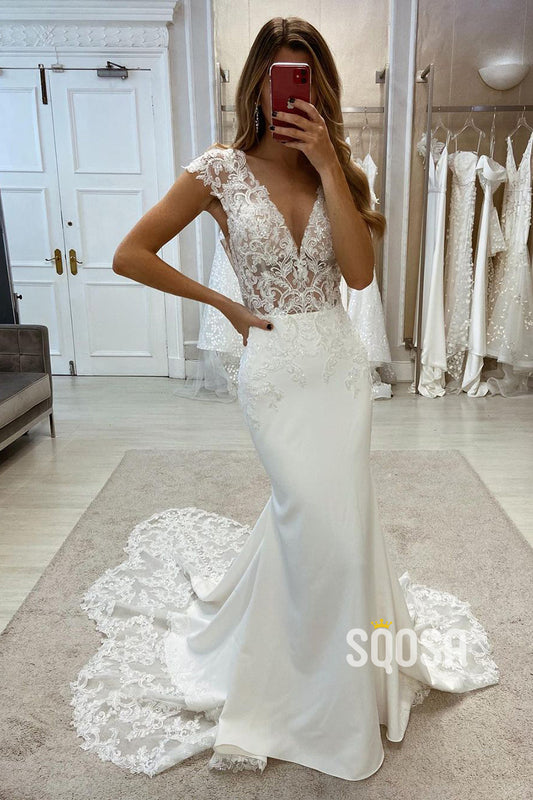 Trumpet V-Neck Sleeveless Empire Lace Applique With Train Boho Wedding Dress QW8115