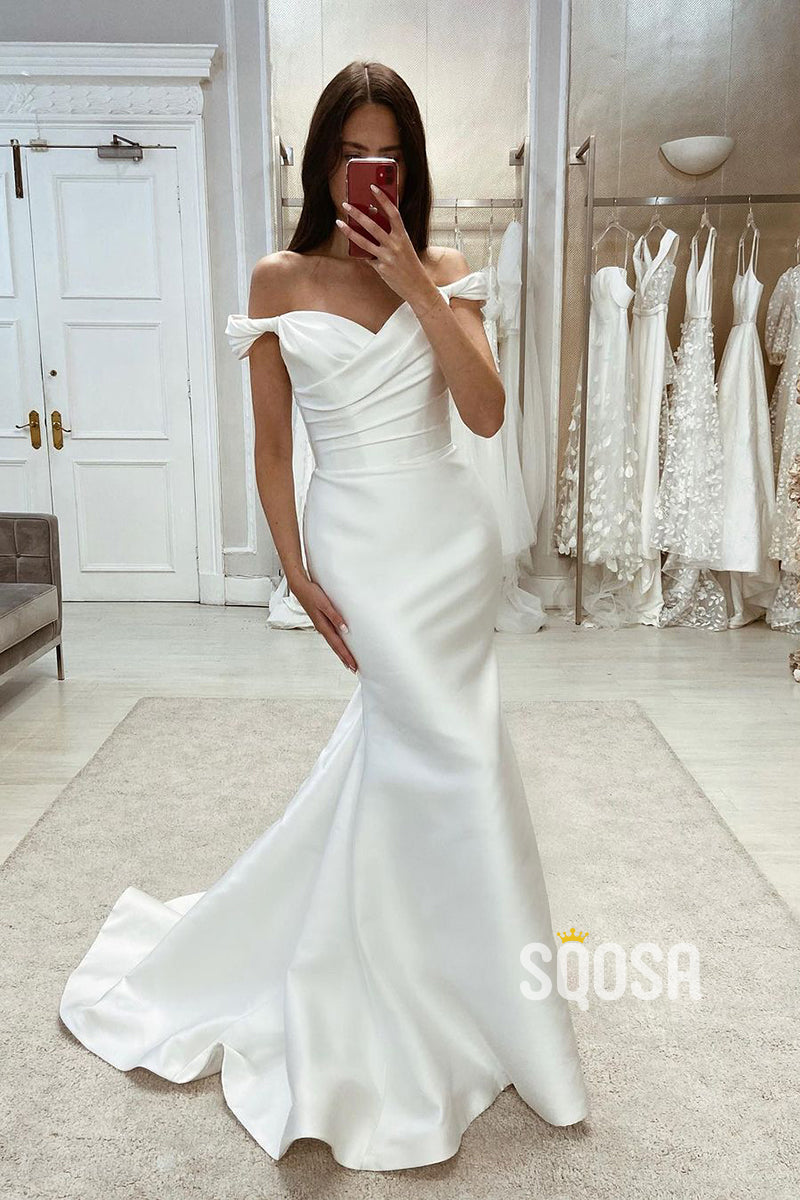 Satin Off-Shoulder Sleeveless Pleats Trumpet With Train Wedding Dress QW8097