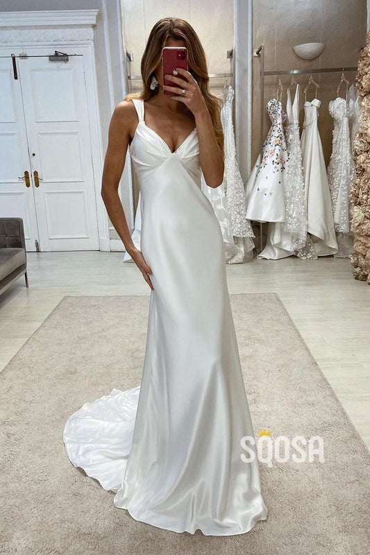 V-Neck Spaghetti Straps Sleeveless Open Back With Train Beach Wedding Dress QW8094