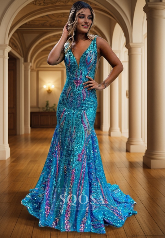 Attractive V-neck Sequins Appliques Mermaid Prom Dress QP0946