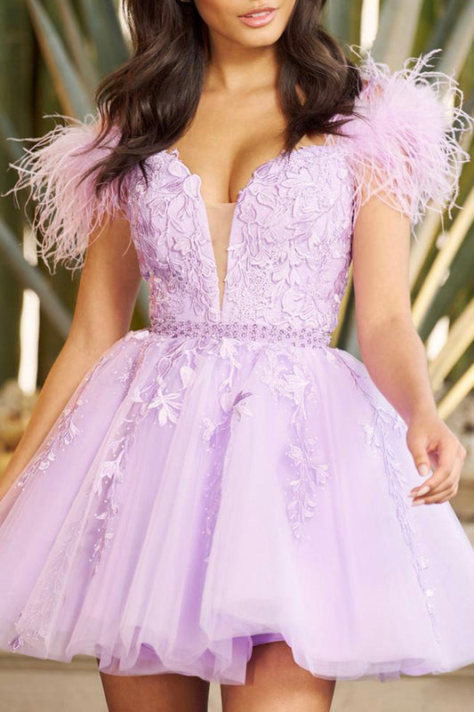 A Line Illusion V Neck Appliques Lilac Short Homecoming Dress QH0820