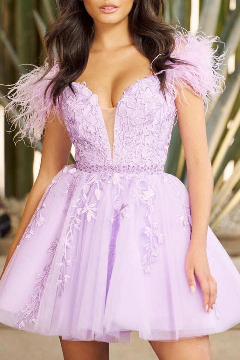 A Line Illusion V Neck Appliques Lilac Short Homecoming Dress QH0820