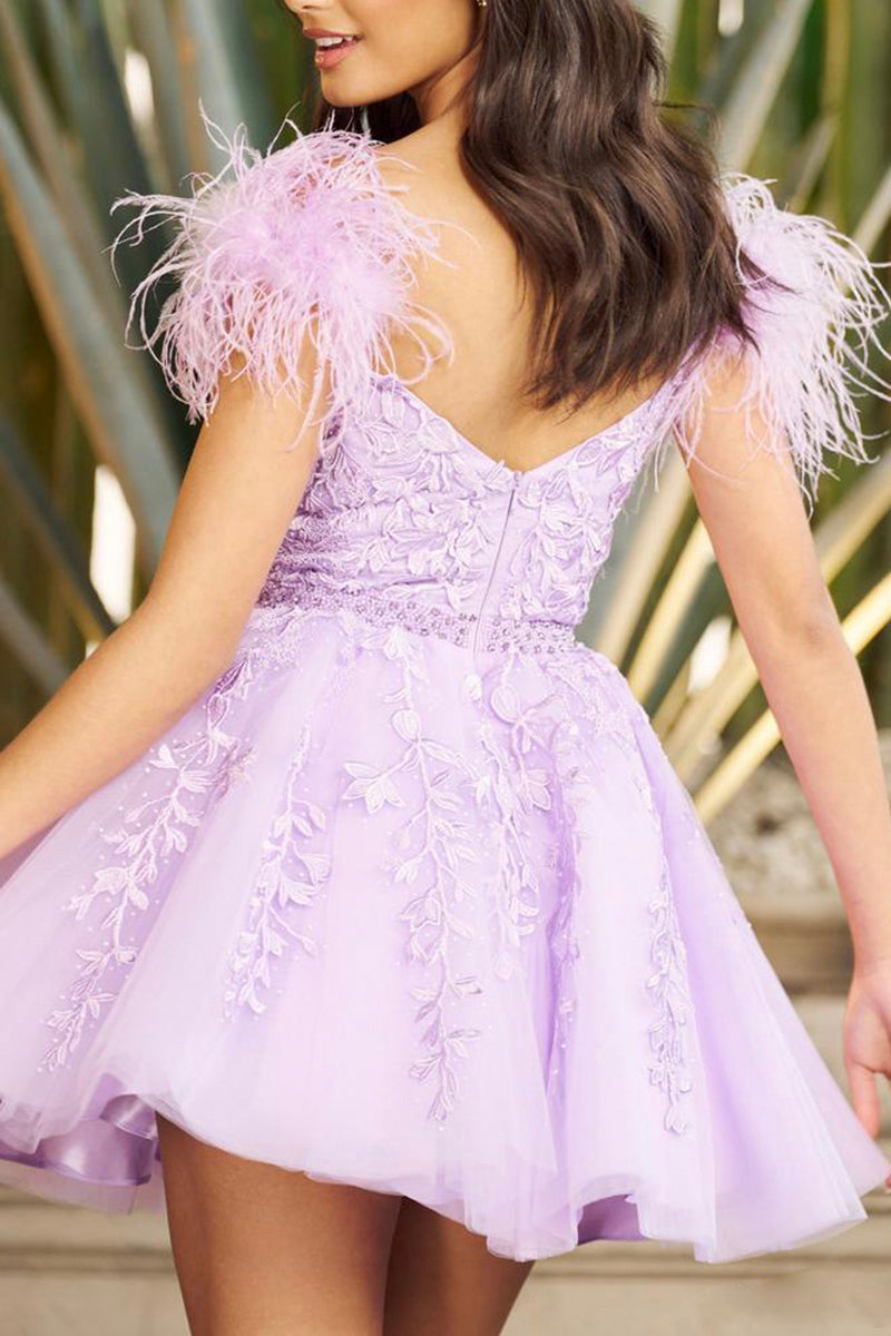 A Line Illusion V Neck Appliques Lilac Short Homecoming Dress QH0820