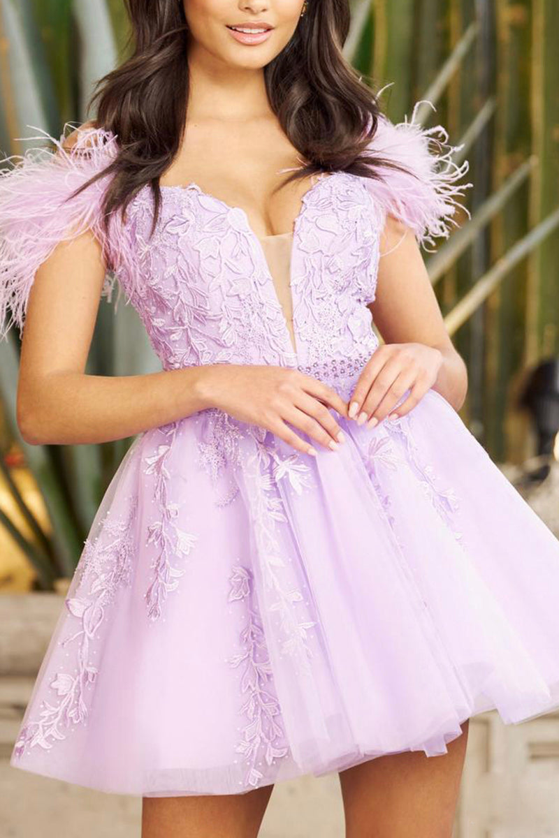 A Line Illusion V Neck Appliques Lilac Short Homecoming Dress QH0820