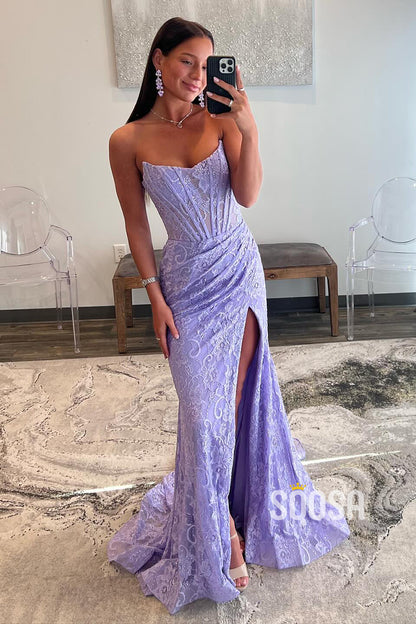 Lilac Strapless Lace Illuison Pleats Long Prom Dress With Slit Evening Gowns QP3184