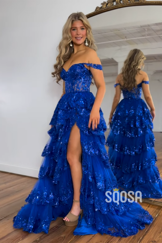 Off-Shoulder A-Line Ball Gown Sequins Long Prom Dress Evening Gowns QP0985