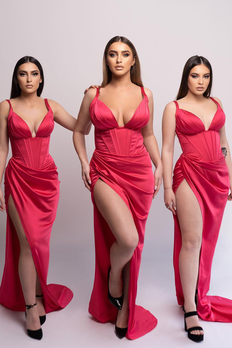 Plunging V-Neck Satin Pleated Side Slit Long Bridesmaid Dress Plus Size QB3076