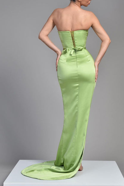 Sheath Strapless Satin Pleated Side Slit Green Long Bridesmaid Dress QB3078