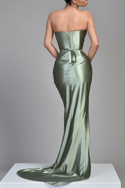 Sheath Sweetheart Satin Pleated Side Slit Long Bridesmaid Dress QB3079