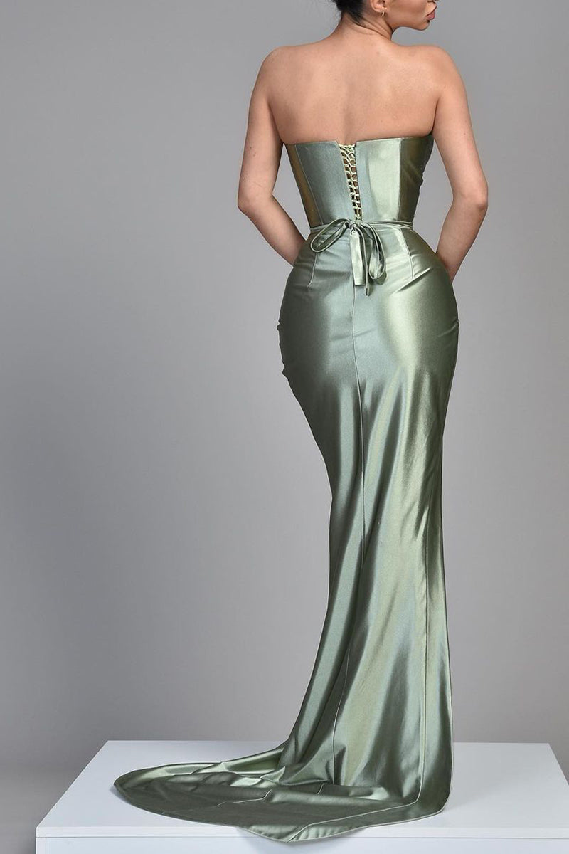 Sheath Sweetheart Satin Pleated Side Slit Long Bridesmaid Dress QB3079