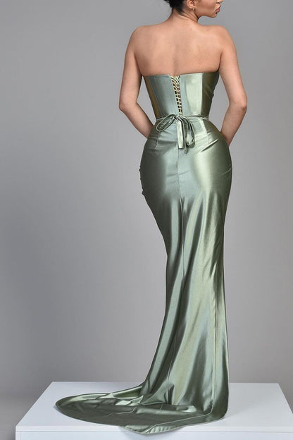 Sheath Sweetheart Satin Pleated Side Slit Long Bridesmaid Dress QB3079