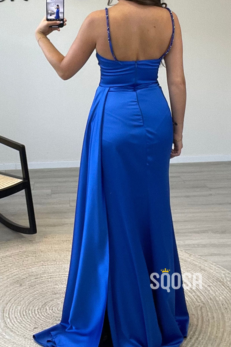 Sweetheart A-Line Beaded Straps Royal Blue Long Prom Dress Evening Gown QP0890