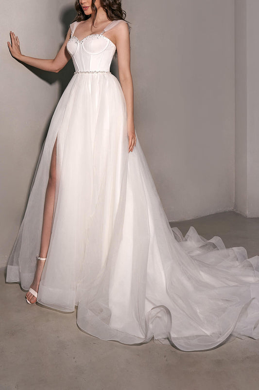 A Line Sweetheart Beads Tulle Simple Wedding Dress QW2645