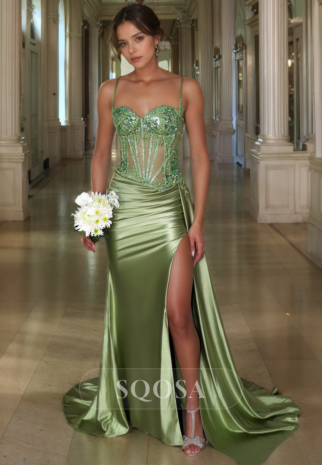 Soaghetti Straps Appliques Satin Mermaid Prom Dress with Slit Long Formal Evening Gown