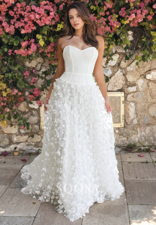 A-Line Sleeveless Boho Wedding Dress Sweetheart Applique Bridal Dress with Train