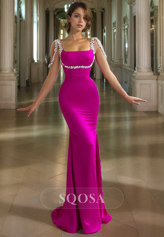 Unique Square Satin Beads Mermaid Prom Formal Dress