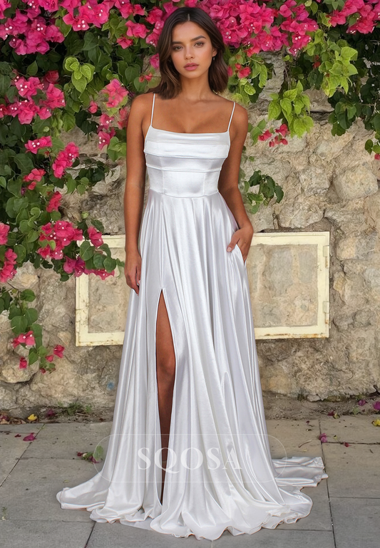 A-Line Square-Neck Bridal Dress with Pockets Spaghetti Straps Slit Wedding Dress