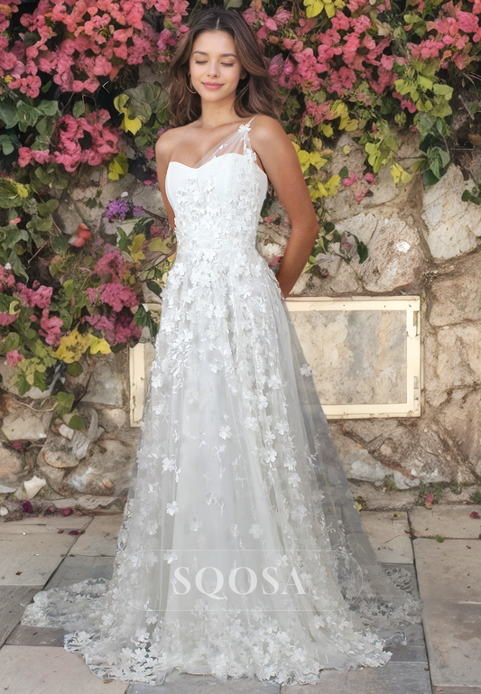 A-Line One-Strap Allover Lace Wedding Dress Sweetheart Sleeveless Bridal Dress with Train