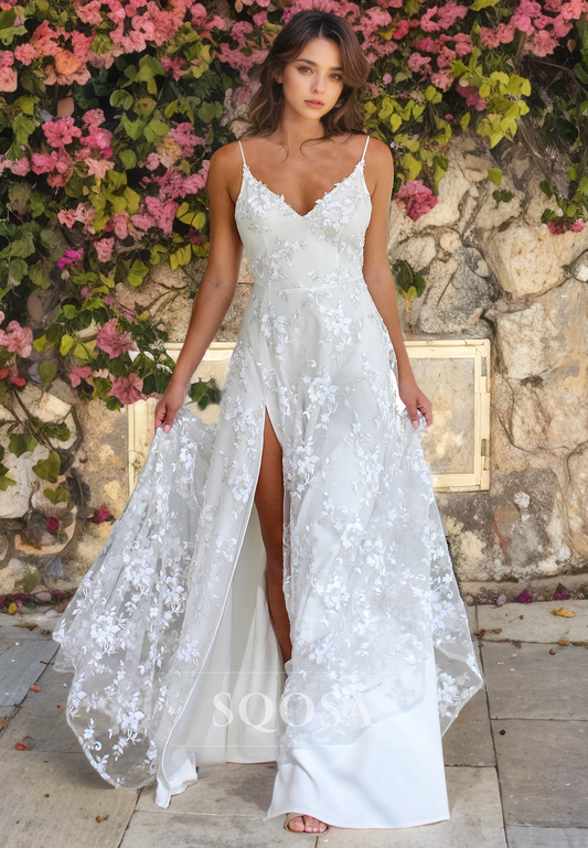 A-Line Allover Lace Beach Wedding Dress V-Neck Slit with Sweep Train Wedding Gowns