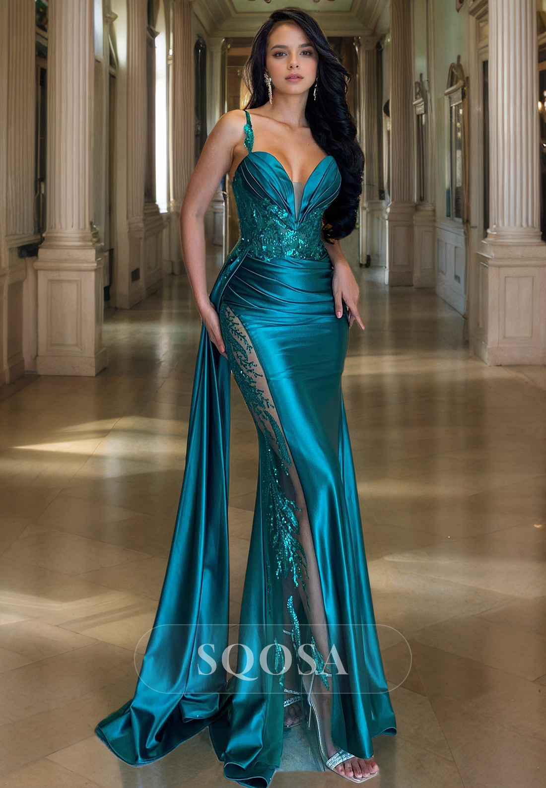 Plunging V Neck Appliques Mermaid Prom Dress with Slit Formal Evening Gown