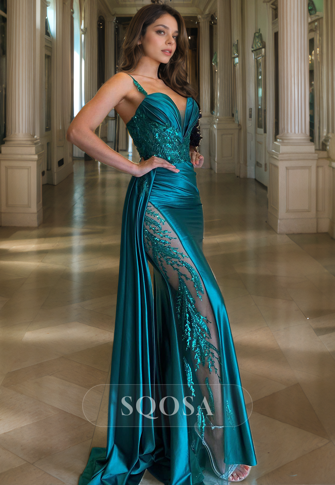 Plunging V Neck Appliques Mermaid Prom Dress with Slit Formal Evening Gown