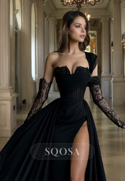 A Line V Neck Chiffon Pleats Black Prom Party Dress with Slit Long Formal Gown with Gloves