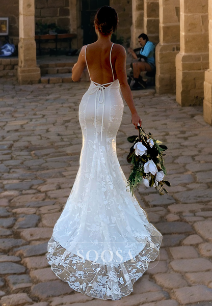 V-Neck Lace Mermaid Wedding Dress Spaghetti Straps Sleeveless with Train Bridal Dress