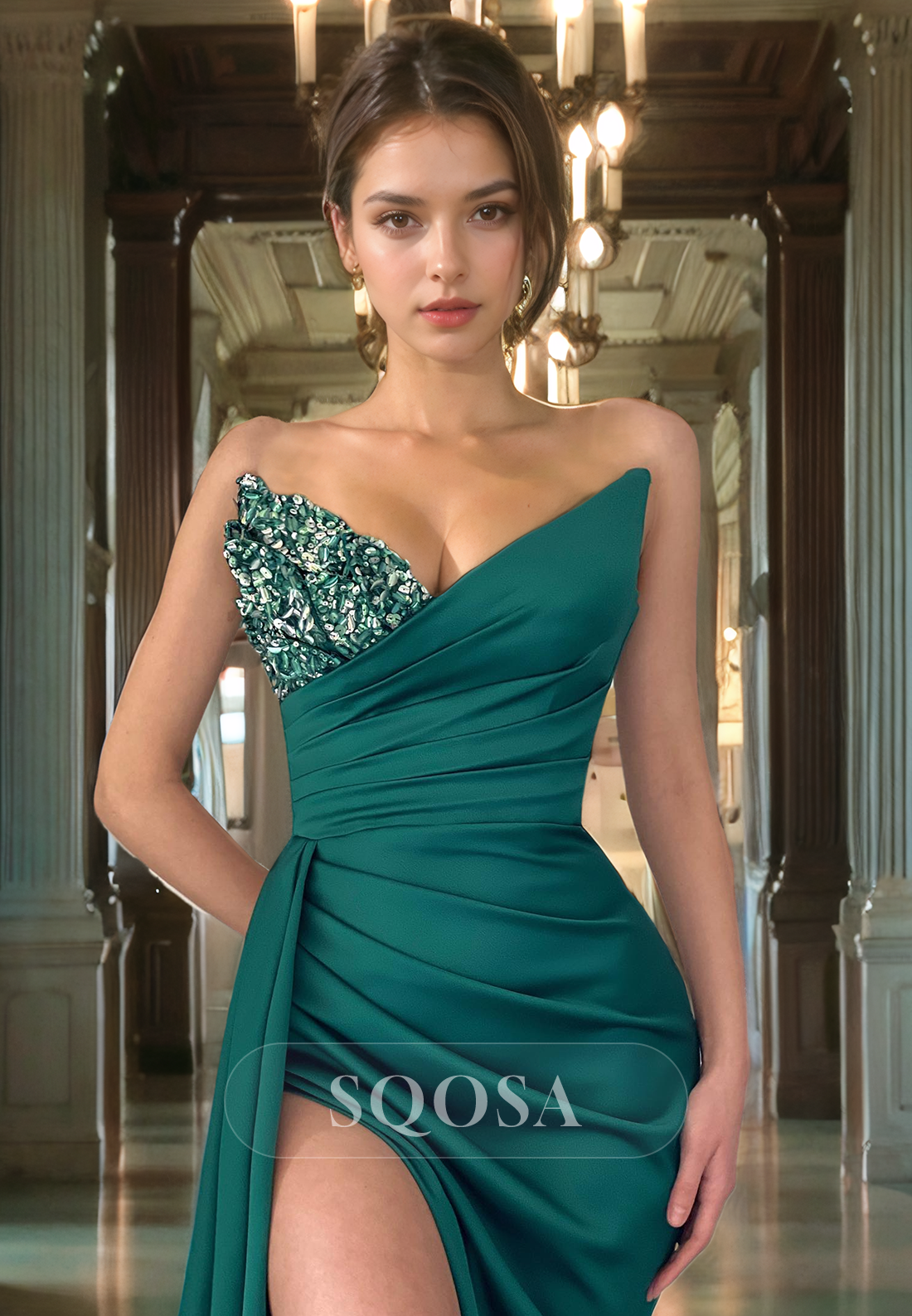 Sheath V neck Satin Pleats Long Prom Dress with Slit Formal Gown