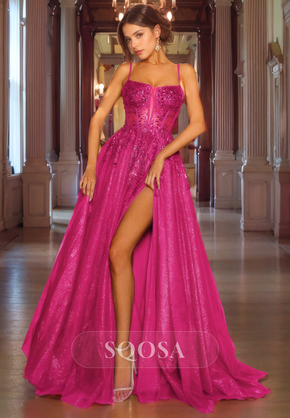 A line Plunging V neck Sequins Appliques Sparkly Prom Dress with Slit Formal Gown