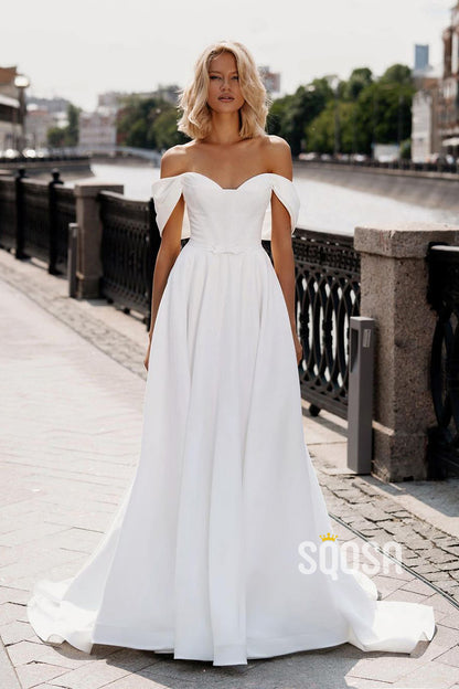 Chic & Modern A-Line Off-Shoulder Satin Waist Wedding Dress Bridal Gown QW8017