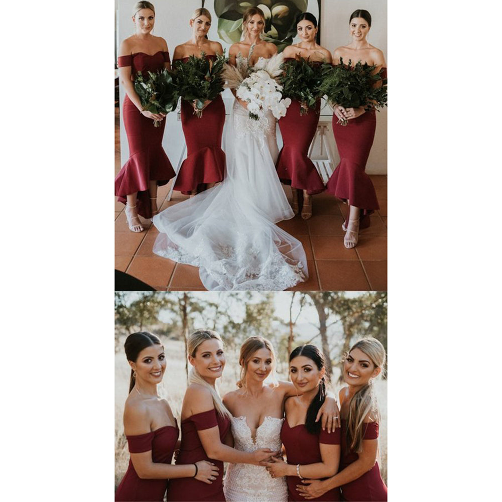 Off the Shoulder Burgundy Mermaid Tea Length Bridesmaid Dress QB3092