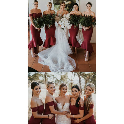 Off the Shoulder Burgundy Mermaid Tea Length Bridesmaid Dress QB3092