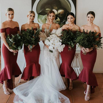 Off the Shoulder Burgundy Mermaid Tea Length Bridesmaid Dress QB3092