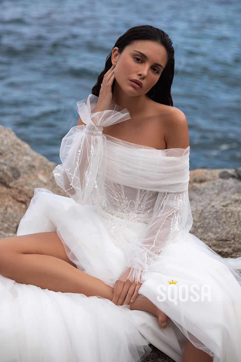 Tulle A-Line Detachable Off-Shoulder Empire Beaded Appliques With Side Slit Beach Wedding Dress QW8125