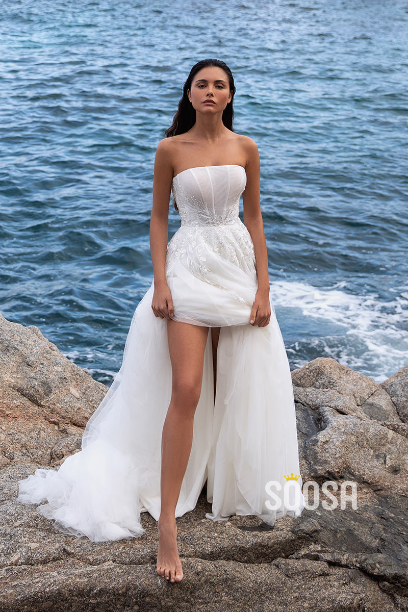 Tulle A-Line Detachable Off-Shoulder Empire Beaded Appliques With Side Slit Beach Wedding Dress QW8125