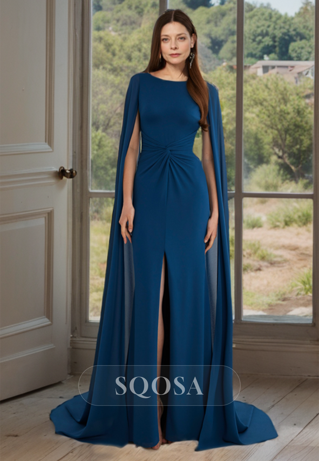 High Scoop-Neck Sleeveless Mother of the Bride Dress for Wedding Pleated Satin Slit Cocktail Dress with Train