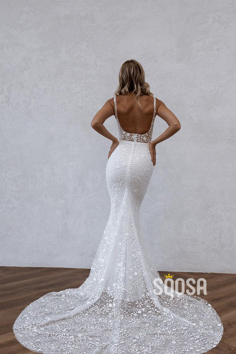 QW8012 - Sheath Mermiad Applique Sheeer Straps Wedding Boho Dresses Bridal Gowns