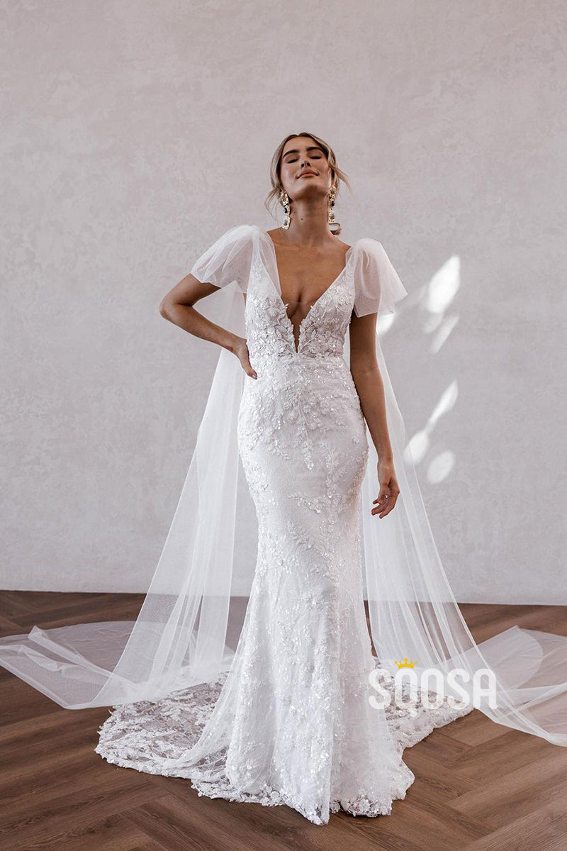 QW8008 - V-Neck Sheath Mermaid Applique Wedding Dresses With Shawl Bridal Gowns