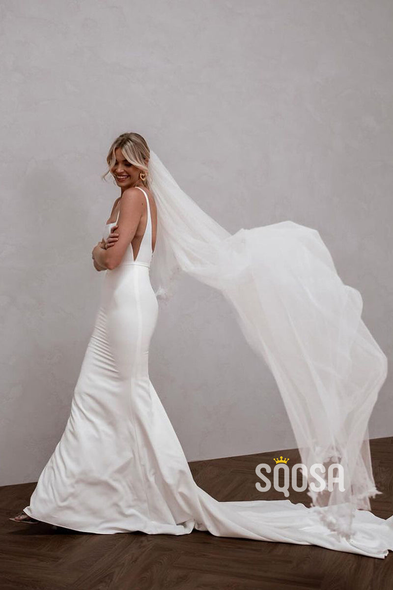 Chic & Modern Square Spaghetti Straps Satin Boho Wedding Dress Bridal Gown QW8012