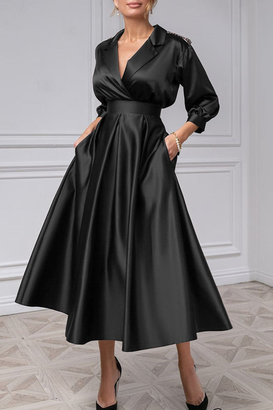 Elegant Satin A-Line V-Neck 3/4 Sleeves Beaded Mother of the Bride Dress QM3373