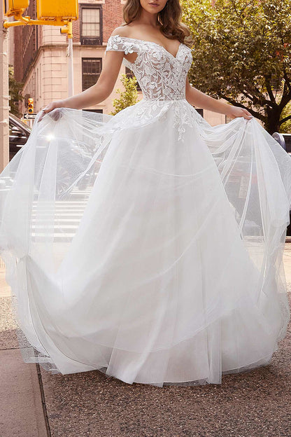 Off Shoulder Lace Appliques Rustic White Wedding Dress with Detachable Skirt Bridal Gown QW2292