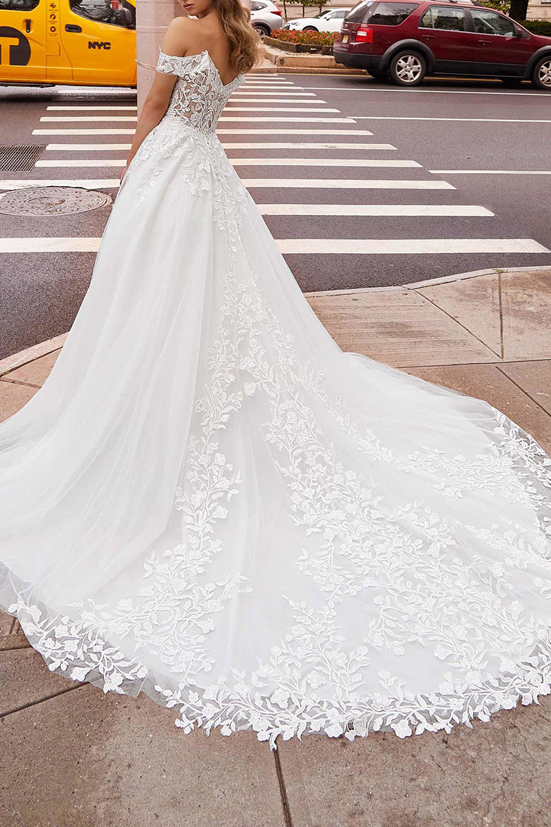 Off Shoulder Lace Appliques Rustic White Wedding Dress with Detachable Skirt Bridal Gown QW2292