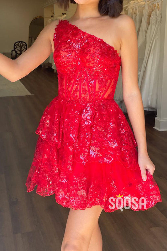 Satin A-Line One Shoulder Lace Sequined Party/Homecoming Dress QS2549