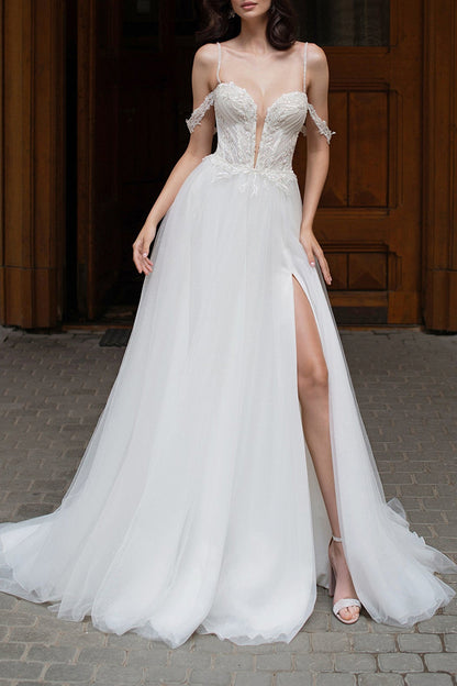 Sexy Deep V neck Beads Side Slit A line Rustic Wedding Dress QW2167