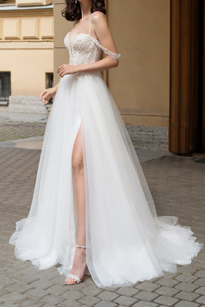 Sexy Deep V neck Beads Side Slit A line Rustic Wedding Dress QW2167