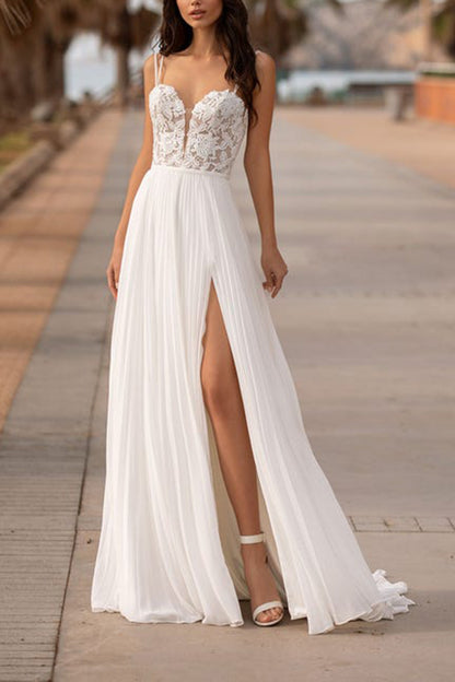 A Line V Neck Lace Appliques Side Slit Boho Beach Wedding Dress QW2601